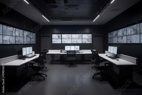  Empty interior of big modern security system control room Generative AI