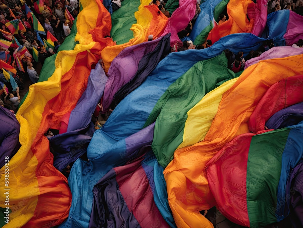 Vibrant rainbow colors fill the air as people wave pride flags at a demonstration.Generative AI