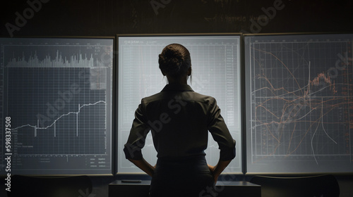 Colored Business Woman Standing in Front of Graphs Showing Financial Downturn