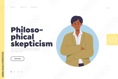 Philosophical skepticism concept for landing page with thinking doubtful businessman crossing hands Generative AI