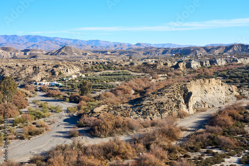 panoramic view over the landscape in the desert of Tabernas near Almeria, Andalusia, Spain, the only real desert in Europe 