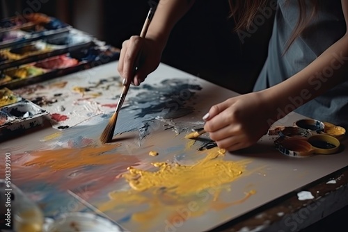 Female creativity. Painting tools. Inspiration art. Unrecognizable woman preparing canvas and paints for creation in studio interior - Generative AI