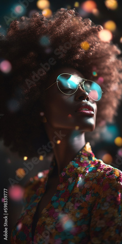 Hübsche Afroamerikanische Frau mit Sonnenrille im Discolicht Gesicht Nahaufnahme, ai generativ