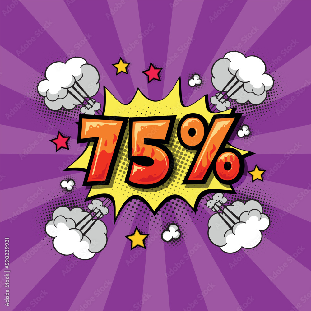 Comic inscription with 75% discount. vector illustration in comic style.Exclamation label sticker or shop.
