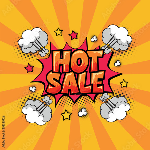 Comic inscription with HOT SALE discount. vector illustration in comic style.