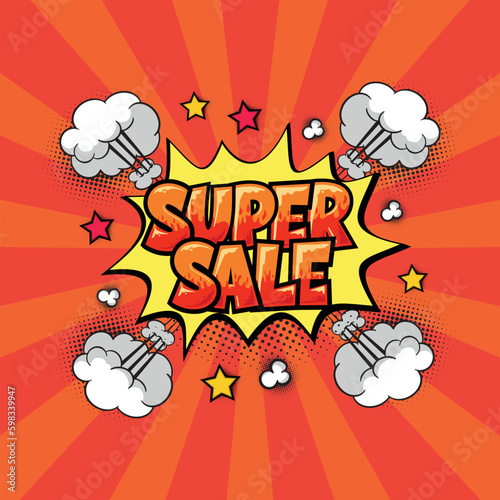 Comic inscription with SUPER SALE discount. vector illustration in comic style.Exclamation label sticker or shop.