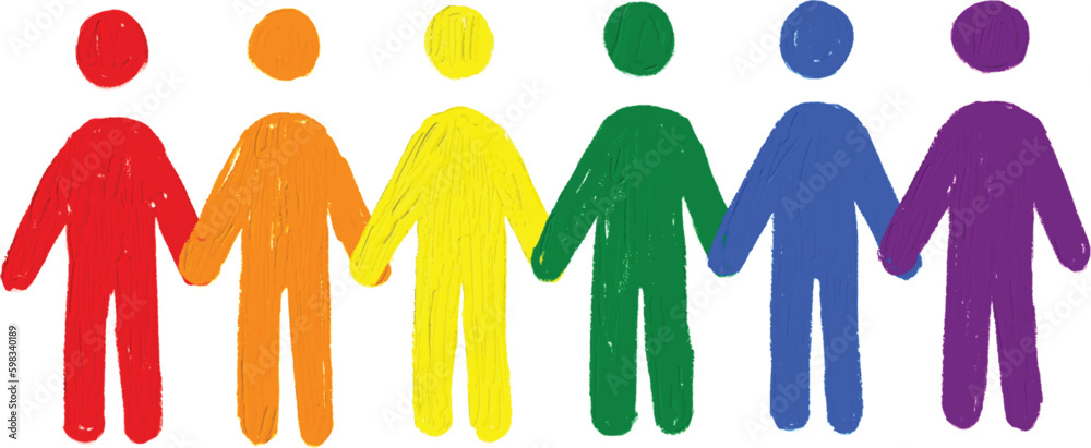Obraz premium People standing holding hands with rainbow oil paint brush style watercolor,LGBT Pride month watercolor texture concept. vector