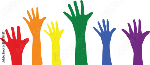 Hands raised up in rainbow oil paint brush style watercolor,LGBT Pride month watercolor texture concept. vector