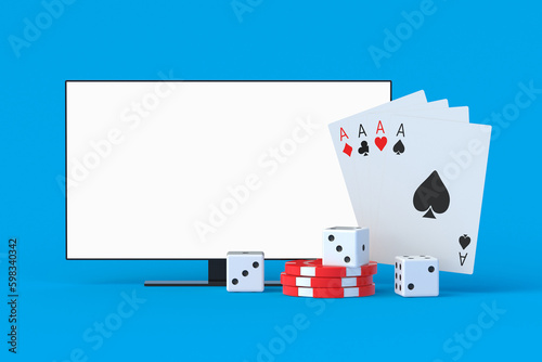 Playing cards, chips, dices for poker near tv with white isolated screen. Sports broadcast of the tournament. Online stream. Leisure and entertainment. 3d render