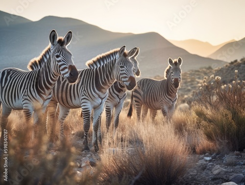 Group of Mountain Zebra in natural habitat  generative AI 
