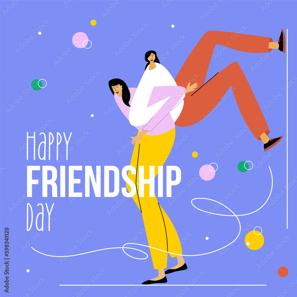 The couple women or teenager girls fun and celebration national best friends day. HAPPY FRIENDSHIP DAY text. The Illustration good for poster, gift card or UI UX design.