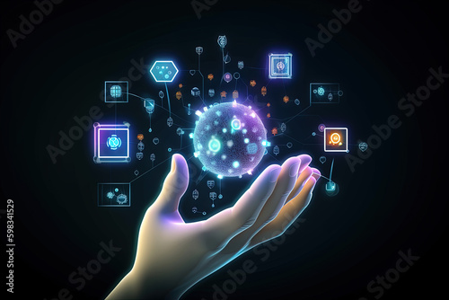 Artificial intelligence hand holding globe with blockchain, showing crypto icons, information flow, created with Generative AI