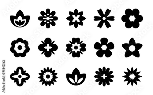 Flat black flower icons set. Simple flower silhouette.