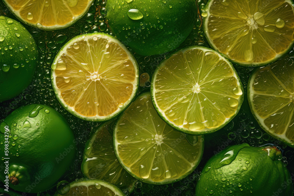 Fresh lime and lemon with water droplets adorned on the surface. Created with Generative AI Technology. Fresh lime and lemon with water droplets adorned on the surface. Created with Generative AI Technology.
