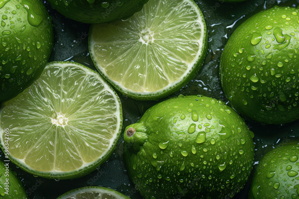 Fresh lime and lemon with water droplets adorned on the surface. Created with Generative AI Technology. Fresh lime and lemon with water droplets adorned on the surface. Created with Generative AI Technology.