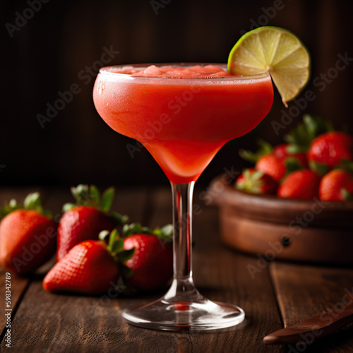 Frozen strawberry daiquiri cocktail with strawberries and lime on dark background. Generative ai and digital editing. photo