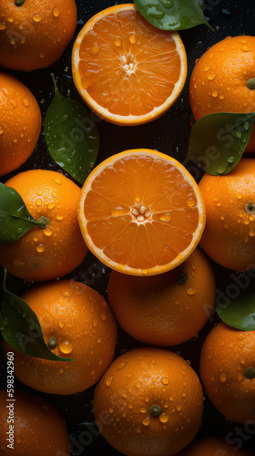 Fresh oranges and section with water droplets adorned on the surface. Created with Generative AI Technology. 