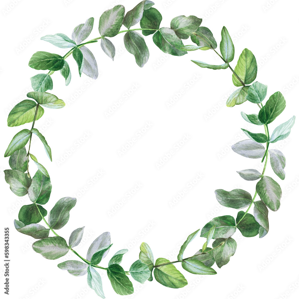 watercolor wreath with leaves of eucalyptus