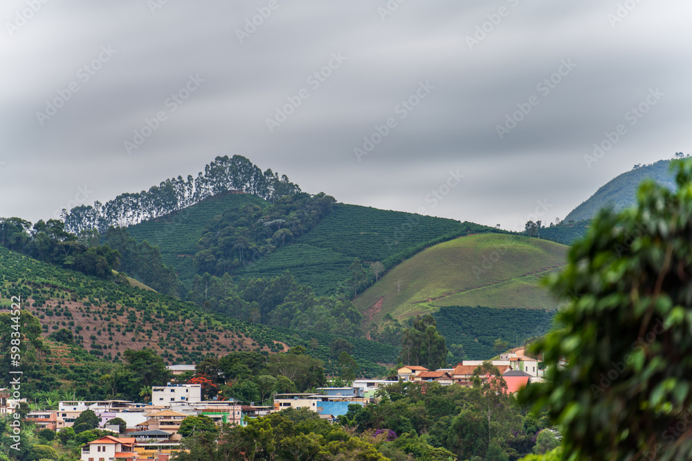 Green Valley Village with Coffee Plantations and Mountain Range