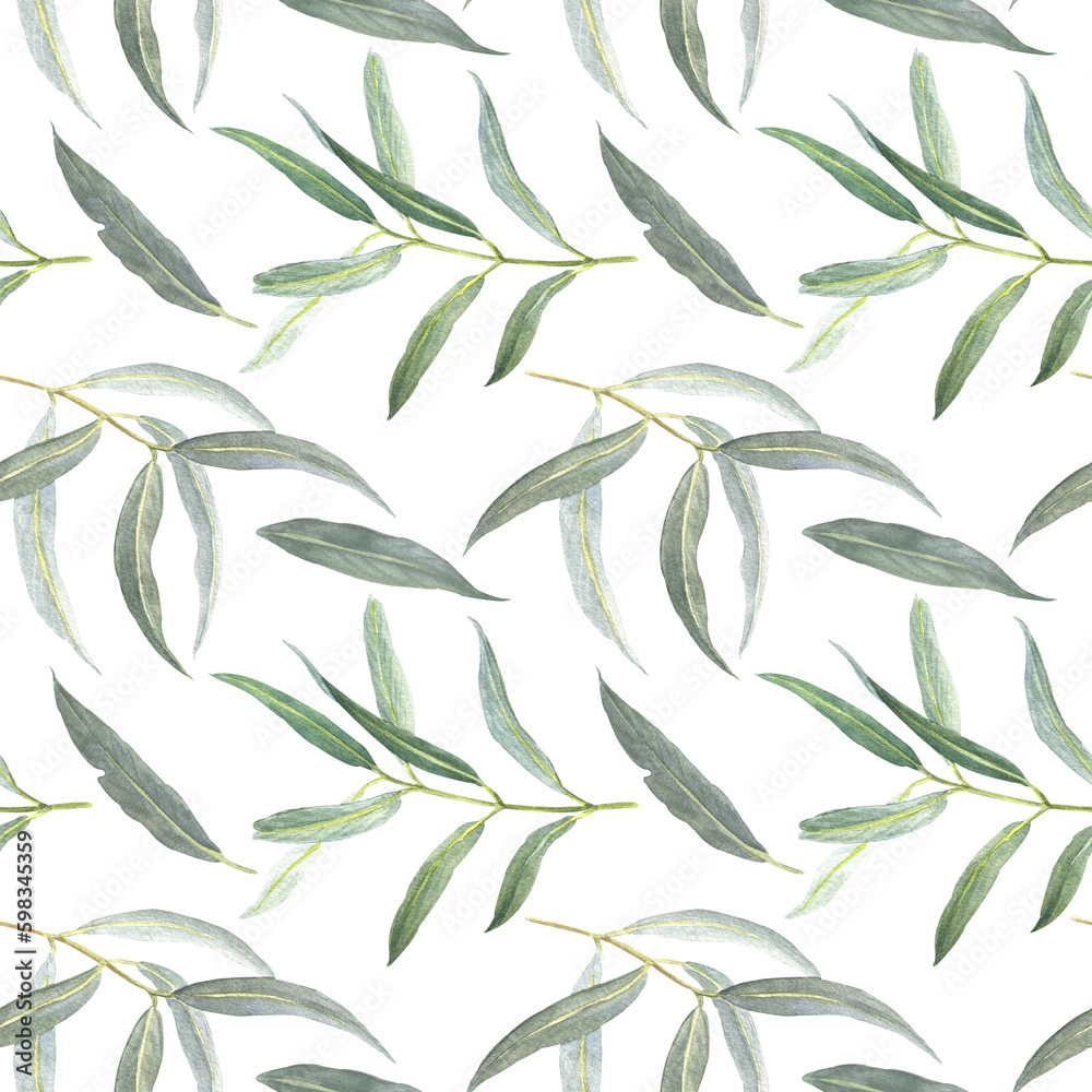 Fototapeta premium watercolor seamless pattern with leaves of eucalyptus