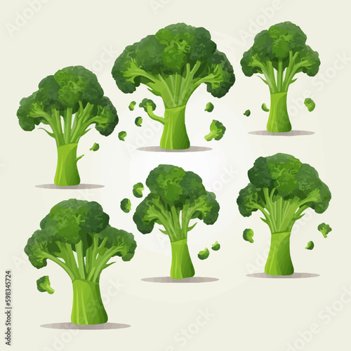 A set of cute cartoon broccoli characters in different poses and expressions