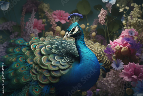 peacock with feathers surrounded by flowers