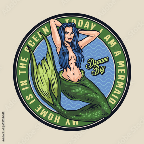 Design with siren mermaid. Colorful round label vintage style vector