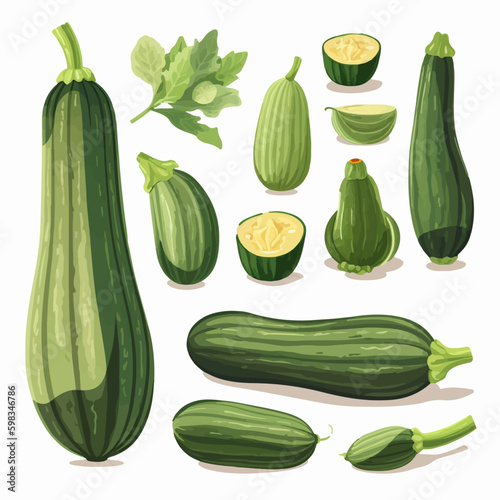 Collection of cute Courgette illustrations with faces and arms