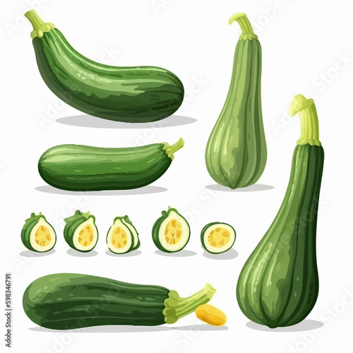 Set of Courgette illustrations with different shades of green