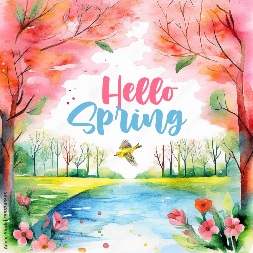 Welcome Spring watercolor paint ilustration