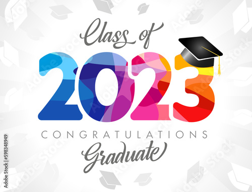 Class of 2023 number logo. Graduation banner. Prom invitation design. Greeting card concept with stained glass colorful sign 20 23. Graduating background. Mortar board 3D cap. Creative typography.