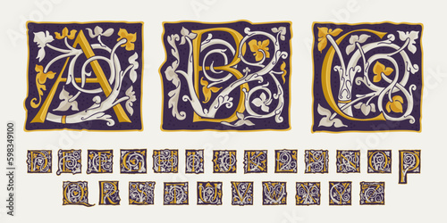 Alphabet drop cap set. Square medieval initials with gold texture and white vine. Renaissance calligraphy emblems.