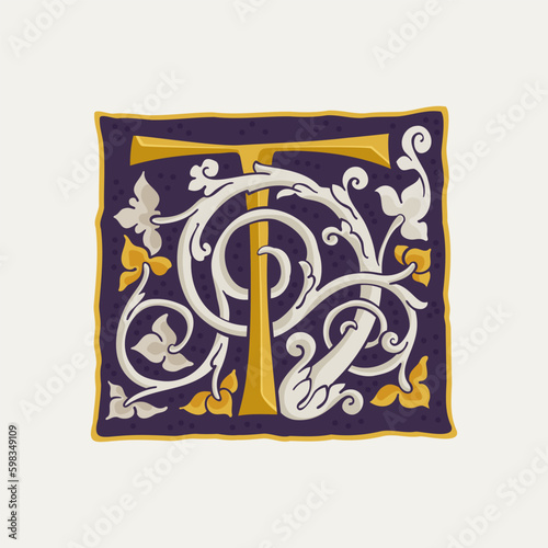 T letter drop cap logo. Square medieval initial with gold texture and white vine. Renaissance calligraphy emblem.