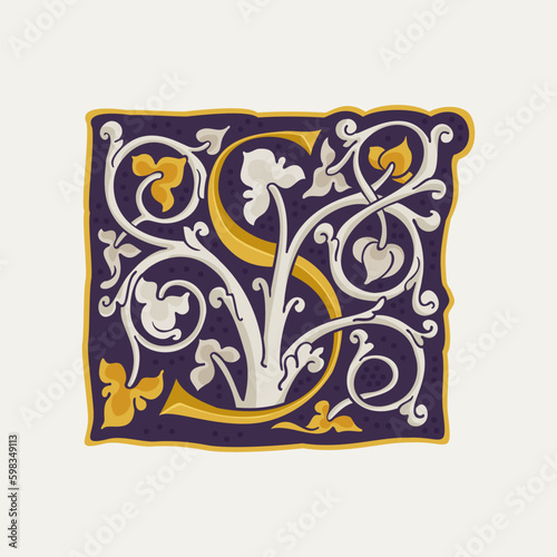 S letter drop cap logo. Square medieval initial with gold texture and white vine. Renaissance calligraphy emblem.