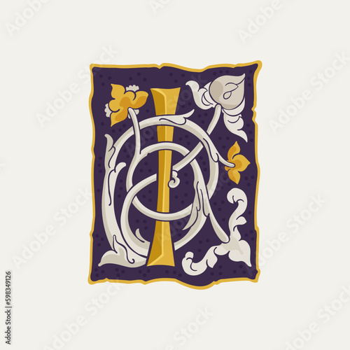 I letter drop cap logo. Square medieval initial with gold texture and white vine. Renaissance calligraphy emblem.