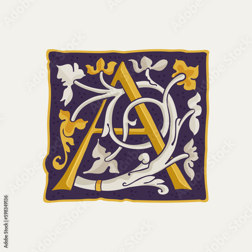 A letter drop cap logo. Square medieval initial with gold texture and white vine. Renaissance calligraphy emblem.