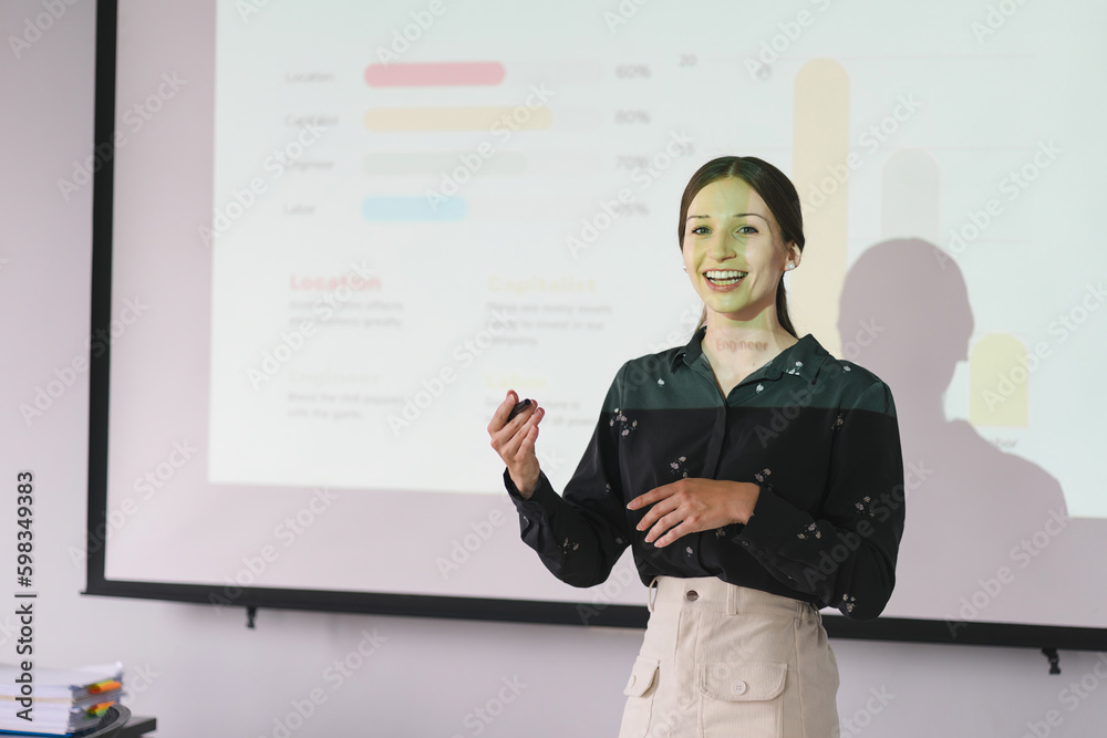 Fototapeta premium The female Chief Analyst is conducting a meeting presentation for a team of economists. The projector screen shows graphs, product sales, revenue growth strategies, and e-commerce analysis.