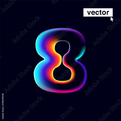 8 logo. Number eight with neon glitch. Multicolor gradient sign with double exposure and illusion effect.