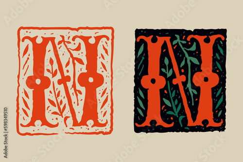 N letter medieval grunge gothic initial. 16th century engraved drop cap. Blackletter style vintage font.