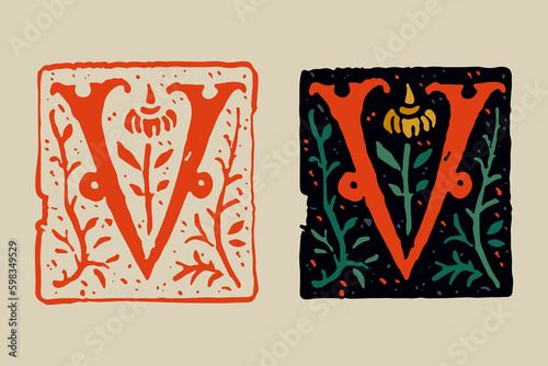 V letter medieval grunge gothic initial. 16th century engraved drop cap. Blackletter style vintage font.