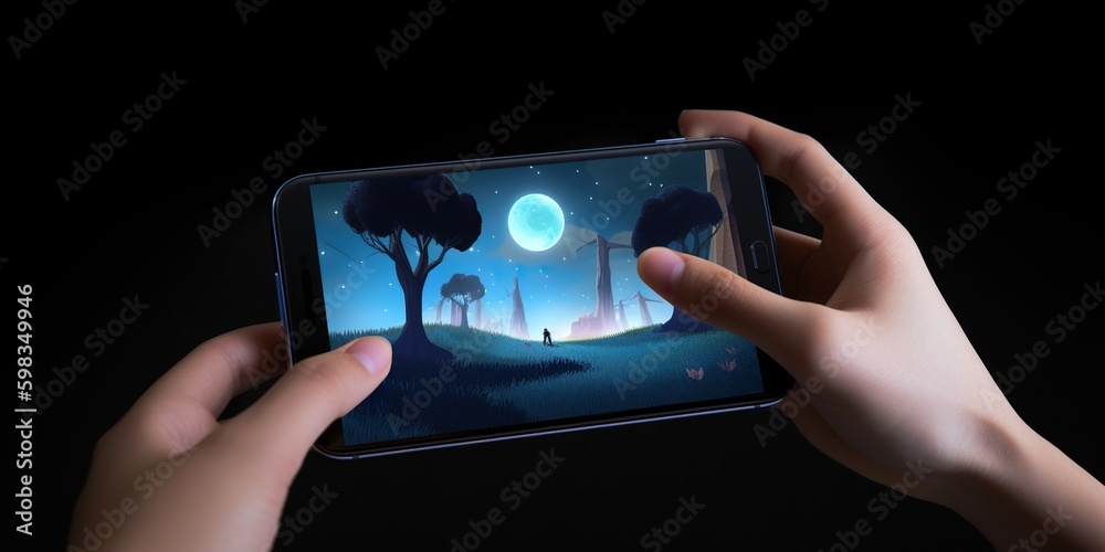 A smartphone displaying a virtual reality app, contrasted against an immersive, entertainment-driven backdrop, concept of Digital technology, created with Generative AI technology Generative AI