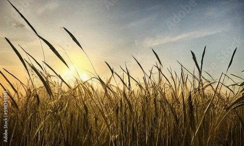 A field with the sun in the background. The countryside is vast and open, with tall green grasses stretching to the horizon. The sun is setting, its soft golden glow covering everything. Generative AI