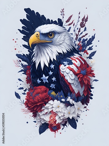 detailed illustration of vintage American Eagle head  with flowers splash,  for tshirt design,  Ai generated art