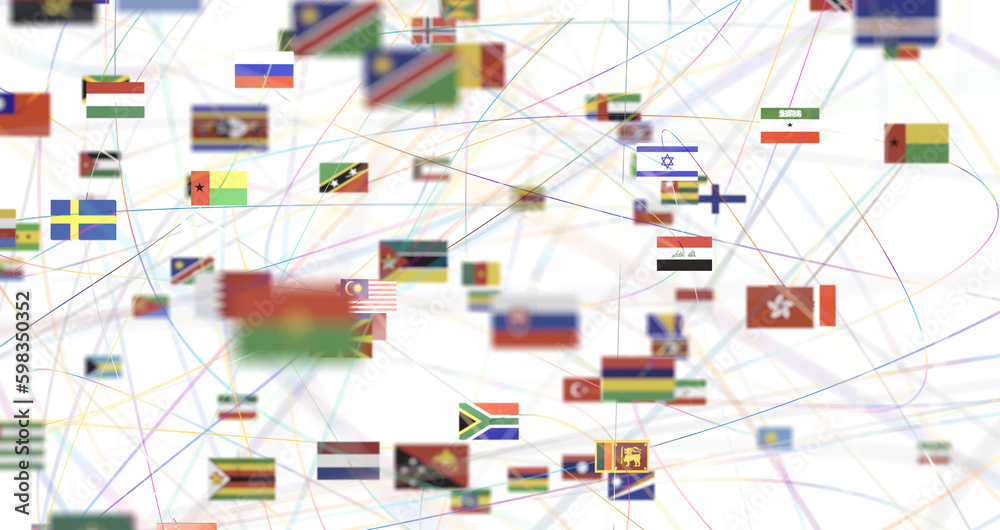 Connection lines Around map with all country flags, Futuristic Technology - PNG transparent