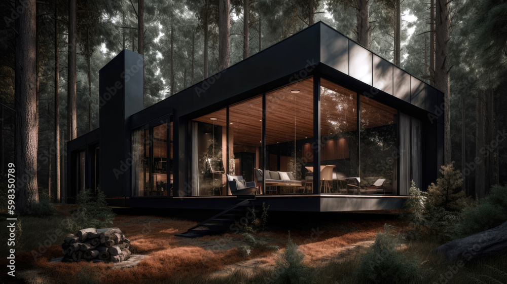 Ultramodern forest cabin with a black facade. Generative AI Ultramodern forest cabin with a black facade. Generative AI