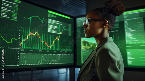 Colored Financial Businesswoman Stands Amid Bright, Optimistic Financial Growth, With Visible Graphs and Numbers Displayed on Screens