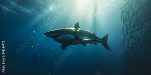 Weißer Hai und Käfig, Sonnenstrahlen brechen im Meer, ai generativ