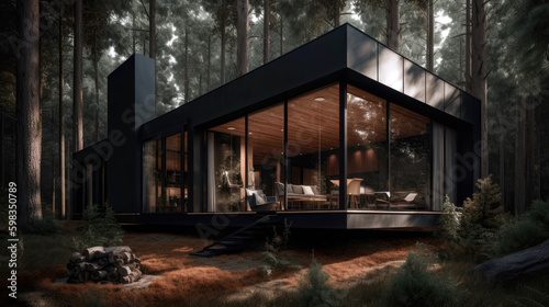 Ultramodern forest cabin with a black facade. Generative AI © piai