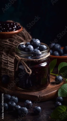  Blueberry jam in a glass jar served with fresh berries on dark background. AI generated