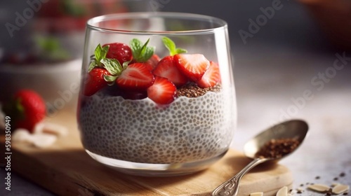 Chia pudding with strawberries, chia seeds on wood tray. Healthy vegan chia seeds pudding. Healthy breakfast chia seed yogurt